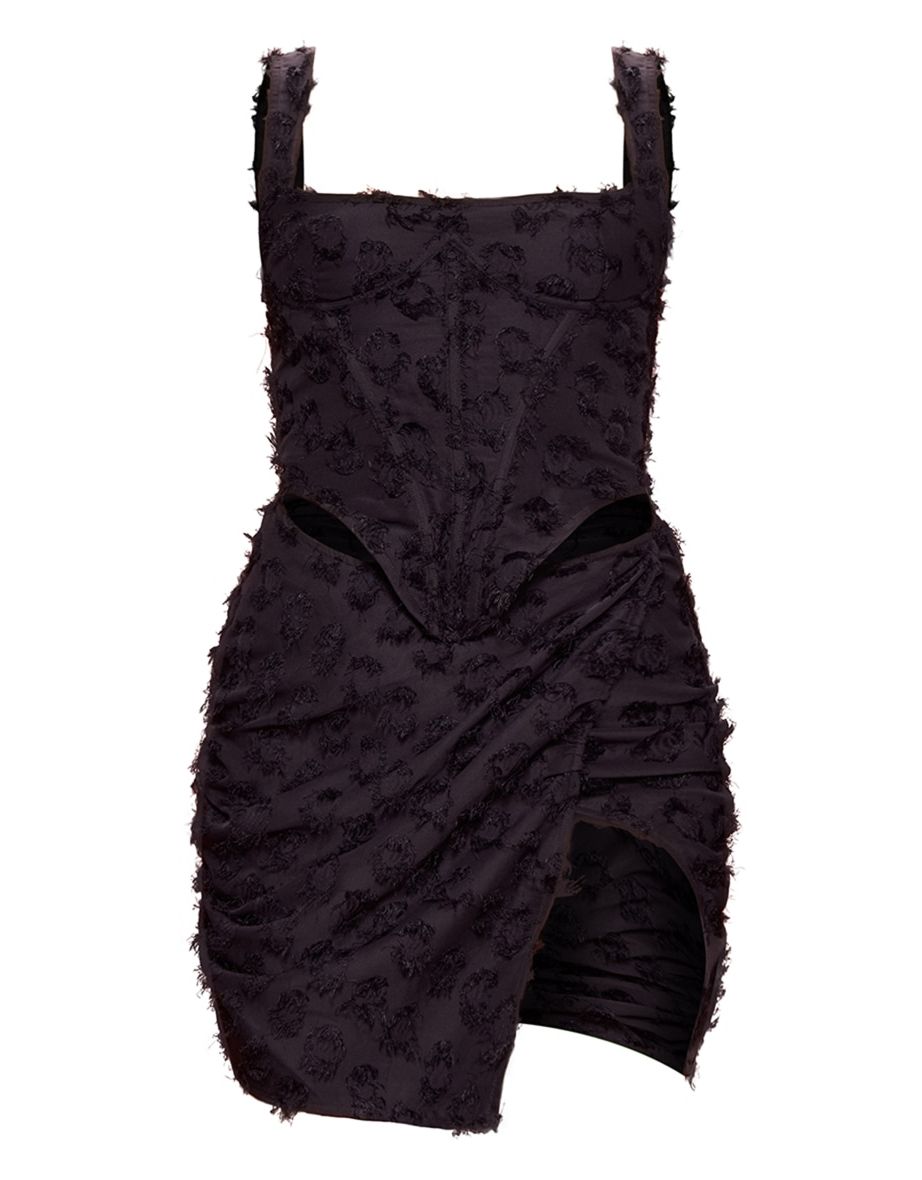 Black Textured Boning Cup Detail Split Bodycon Dress - 4