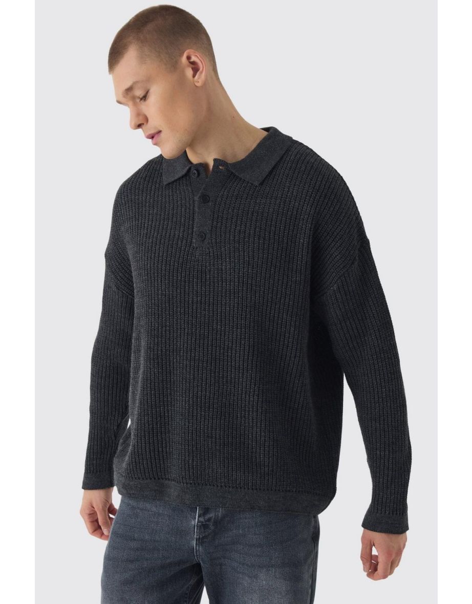 Oversized Boxy Chunky Knit  Polo Jumper - charcoal