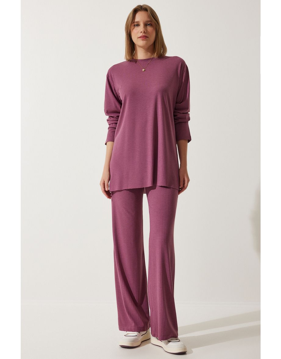 Women's Dusty Rose Corded Knitted Blouse Trousers Set