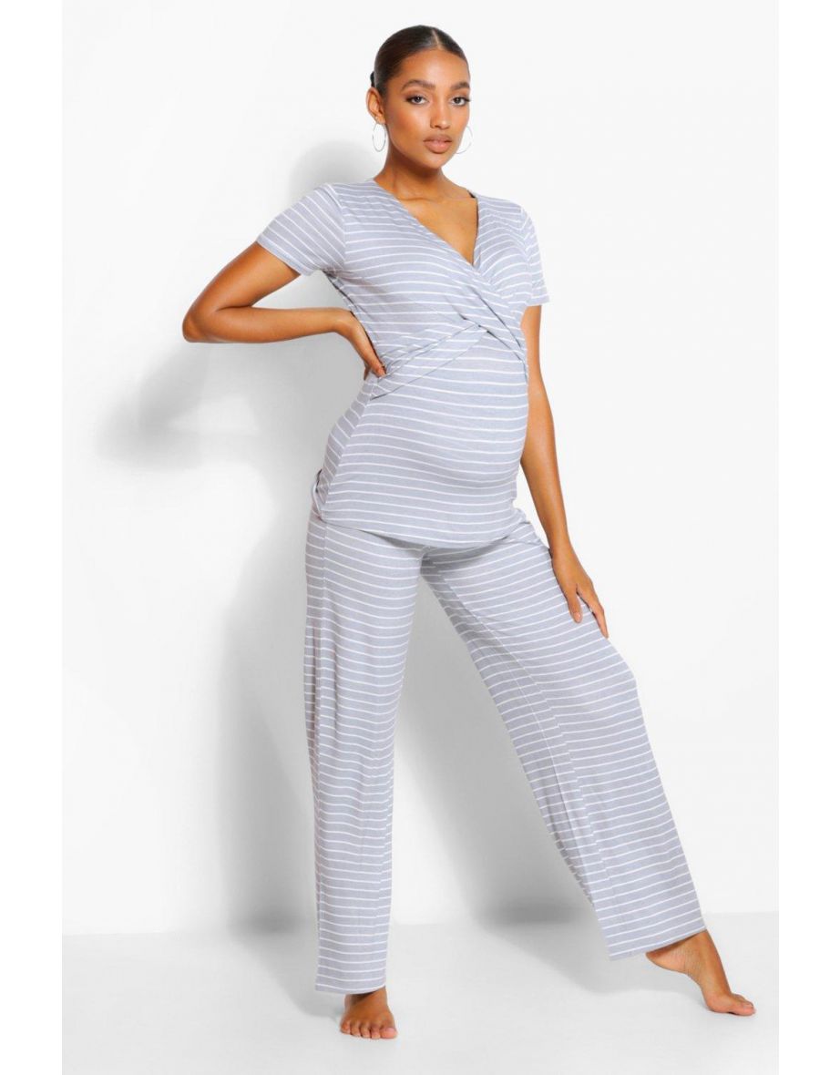 Maternity Wrap Stripe Nursing PJ Trouser Set - grey marl