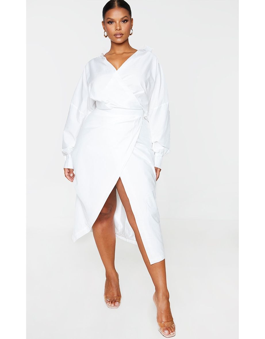 فستان قميص ميدي - أبيض - مقاسات كبيرة