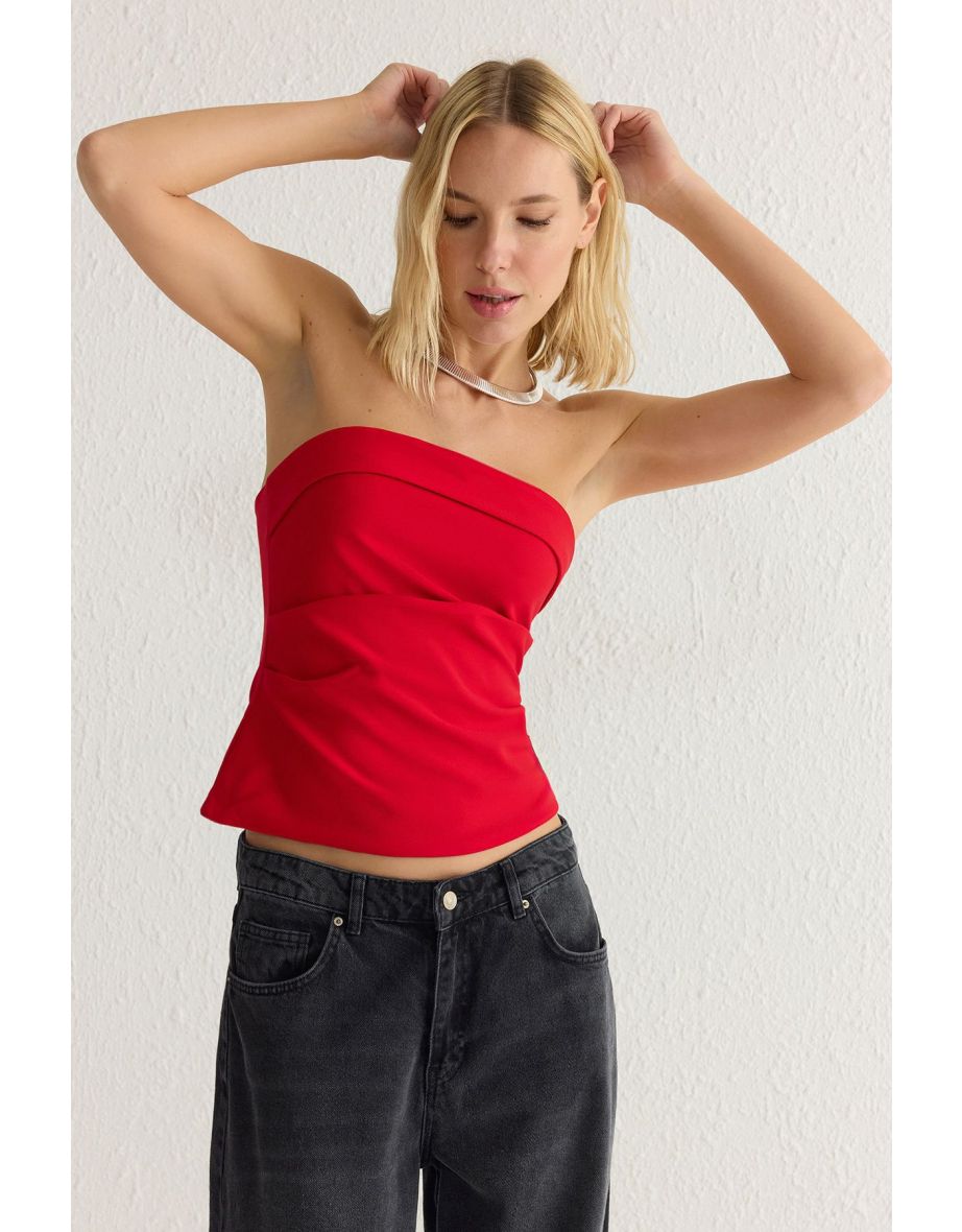 Red Strapless Fitted Draped Woven Woven Blouse