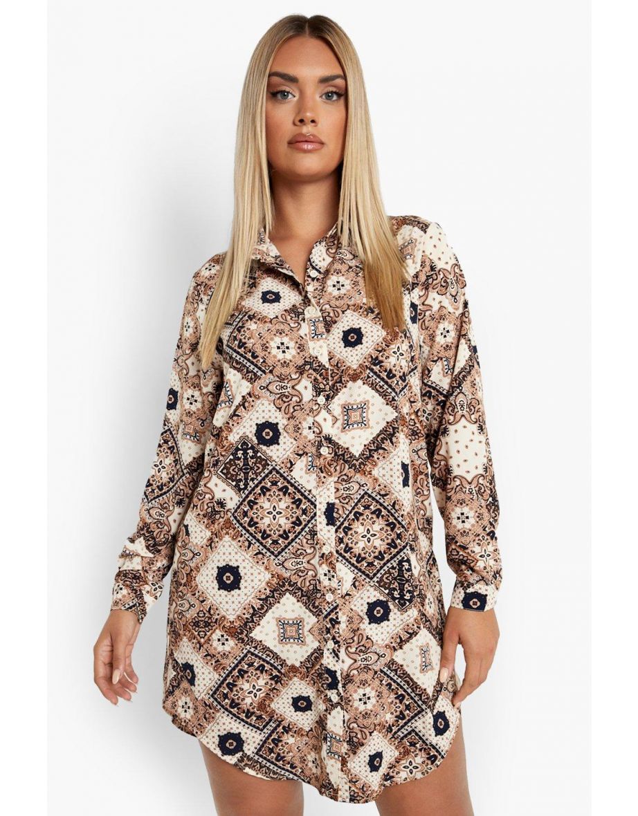 Plus Paisley Satin Shirt Dress - stone - 3