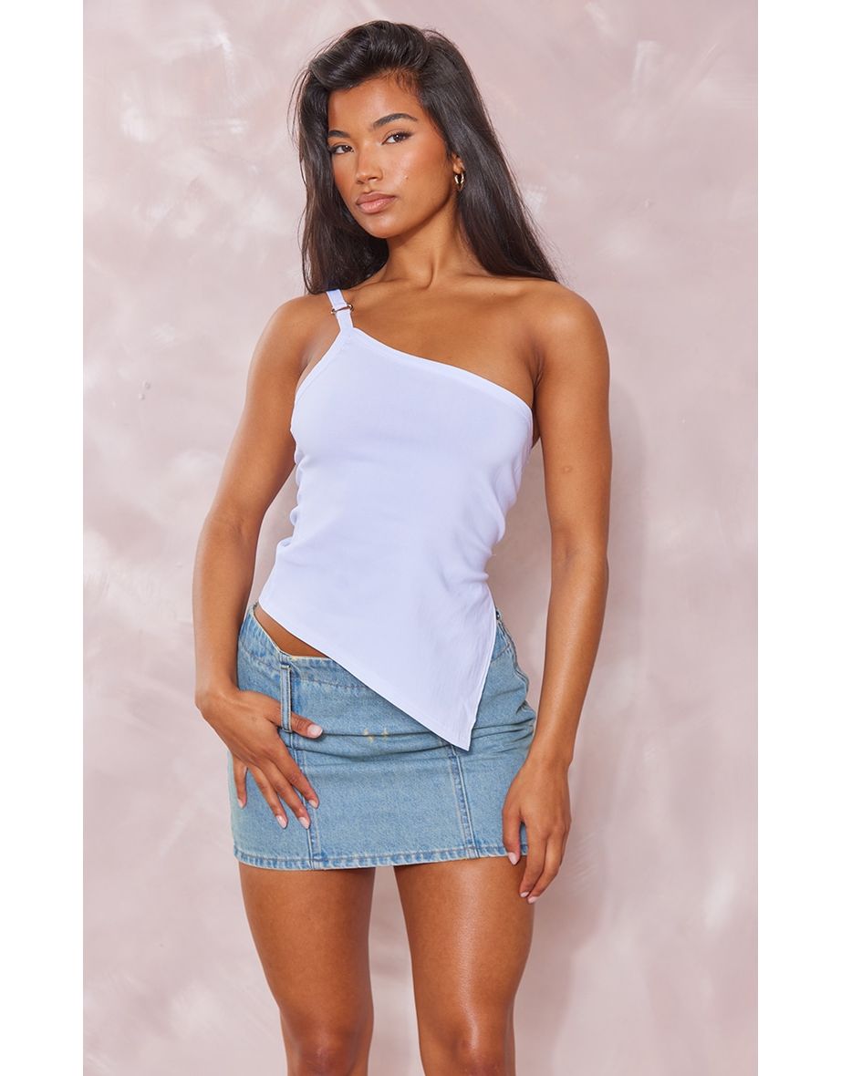 White Stretch Woven One Shoulder Asymmetric Split Long Top