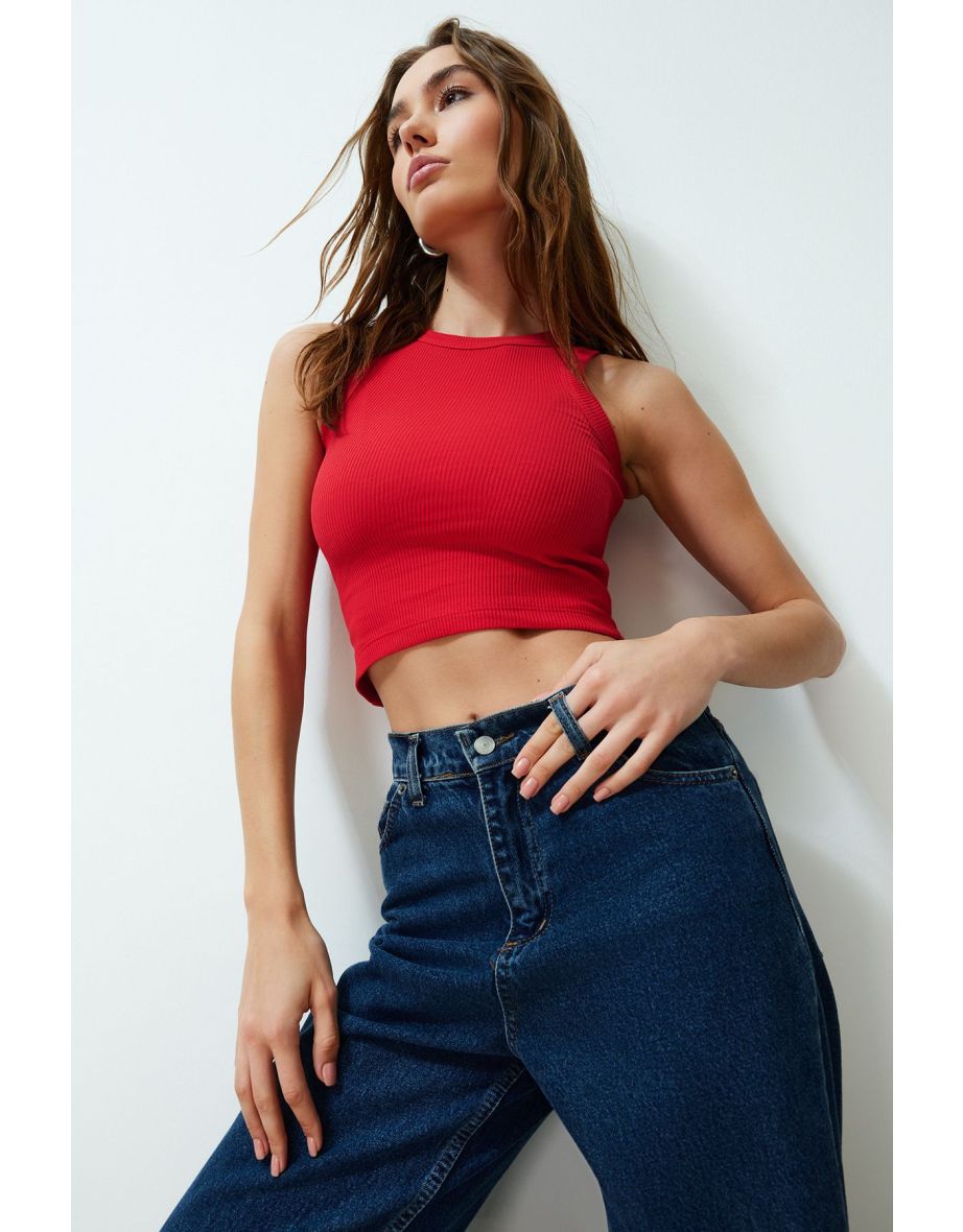 Red Halter Neck Ribbed Flexible Knitted Undershirt