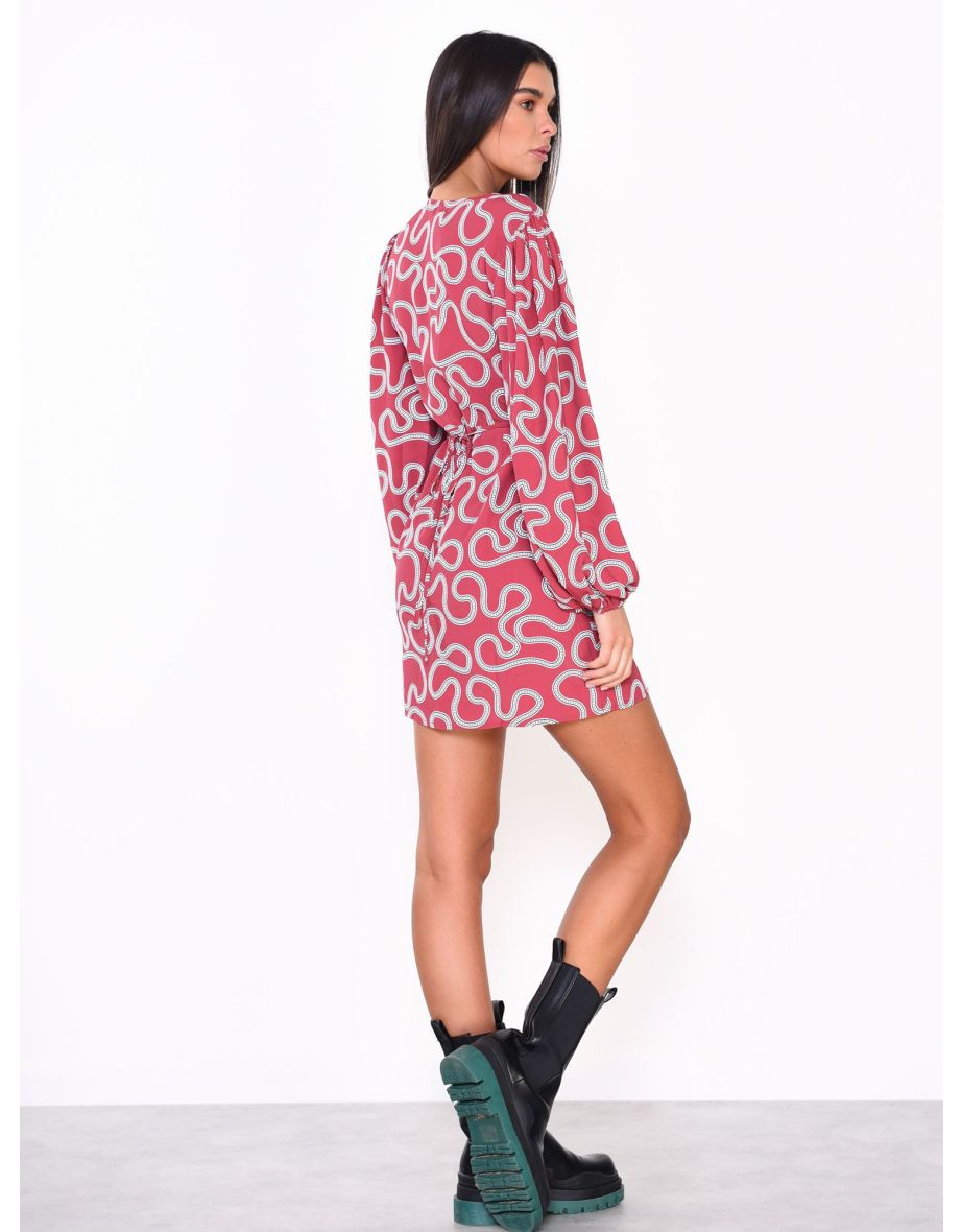 Glamorous Red Abstract Print  Long Sleeve Wrap Mini Dress - 4