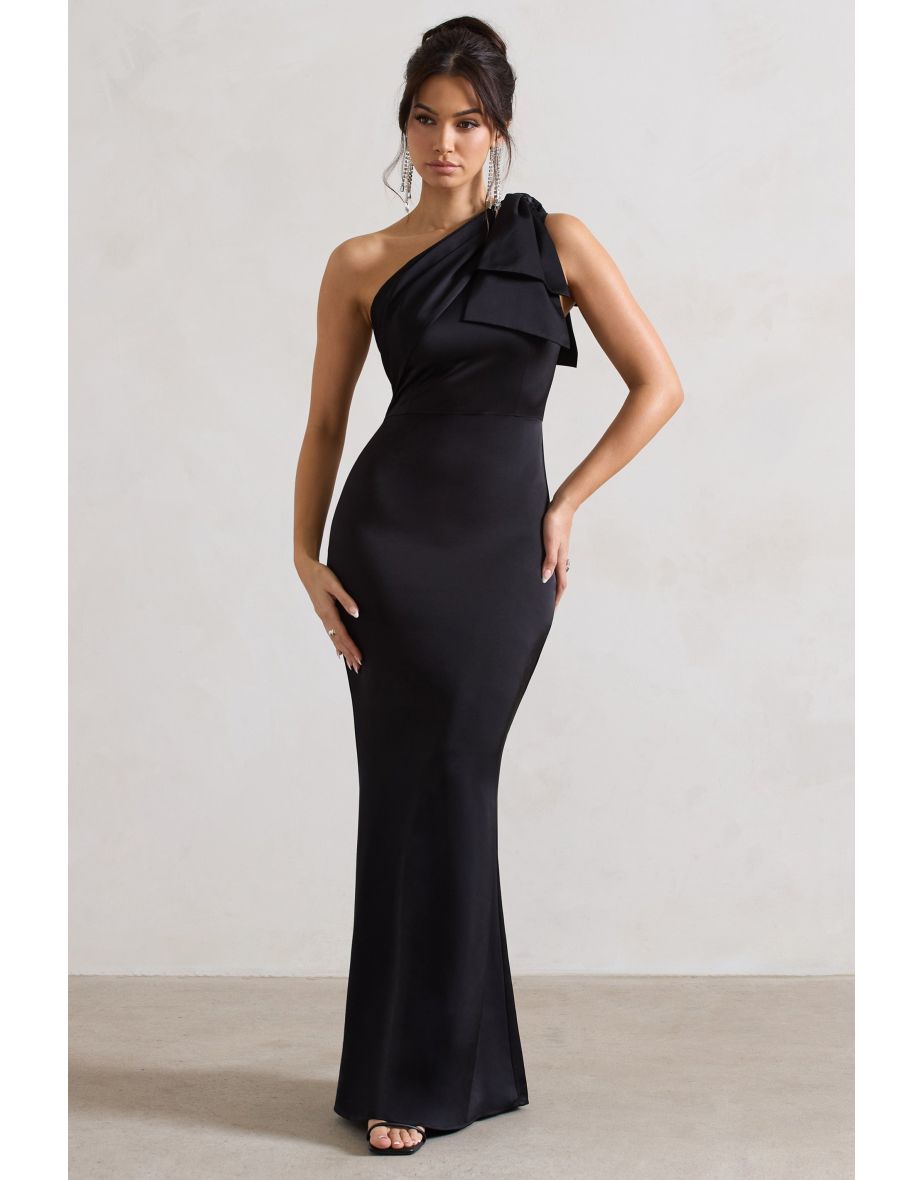 Lady | Black Satin Asymmetric Maxi Dress With Bow