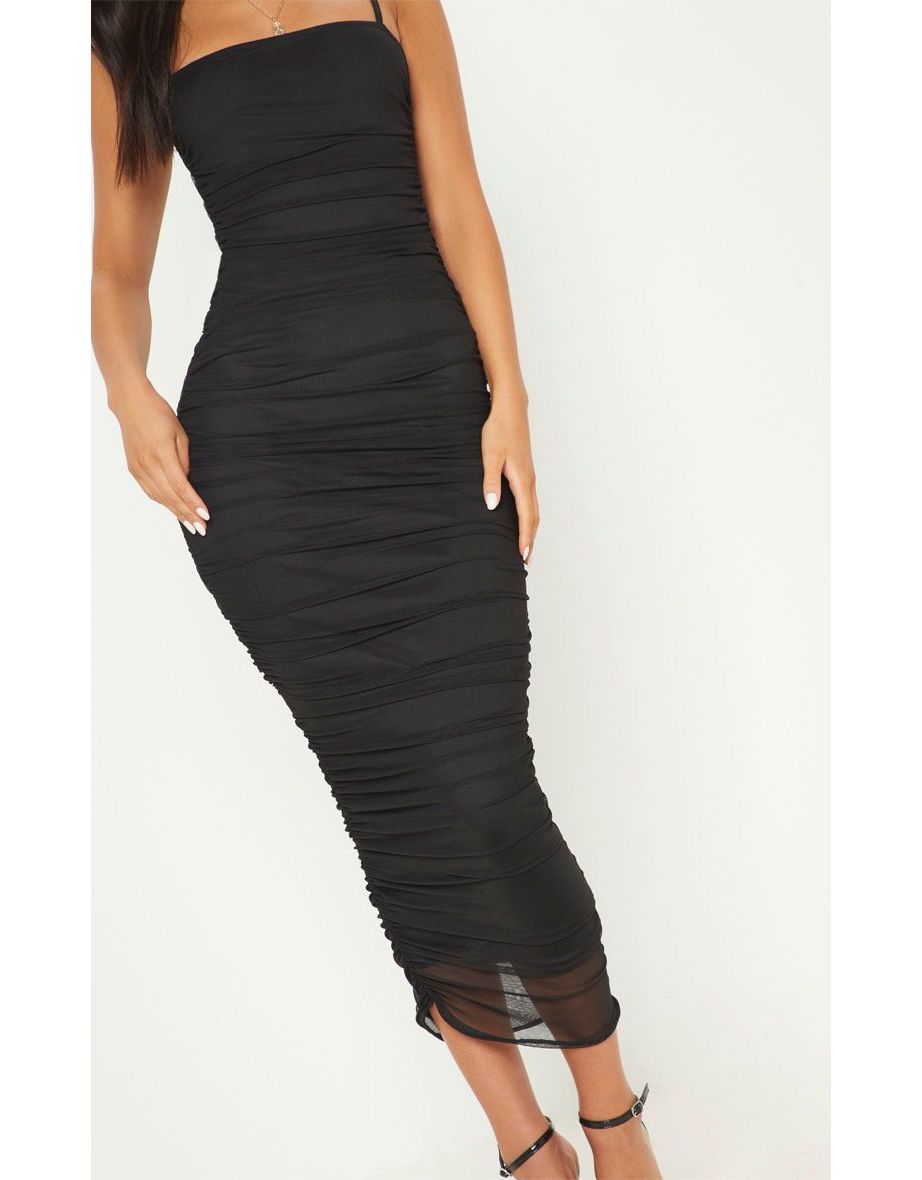Black Strappy Mesh Ruched Midaxi Dress - 4