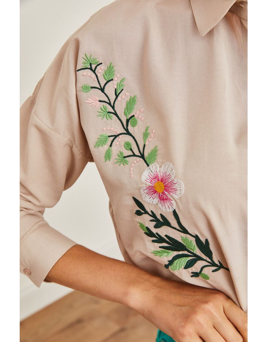 Women's Violet Stone Embroidery Detailed Oversize Woven Shirt - 6