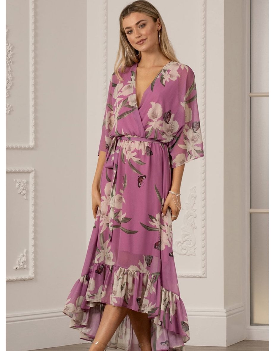 Yumi Floral Print Kimono Soft Pink Midi Wrap Dress