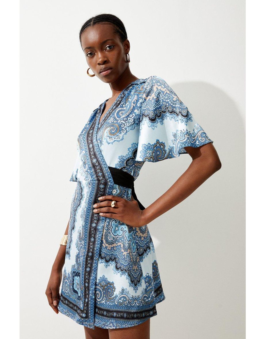 Scarf Printed Hammered Satin Woven Wrap Mini Dress