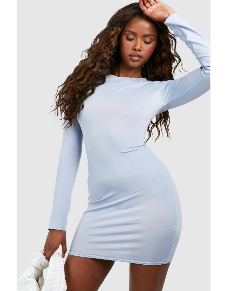 Premium Matte Slinky Crew Neck Mini Dress - denim-blue - 3