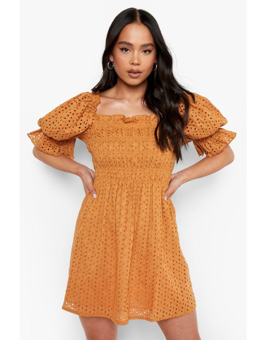 Petite Broderie Puff Sleeve Shirred Dress - tan - 3