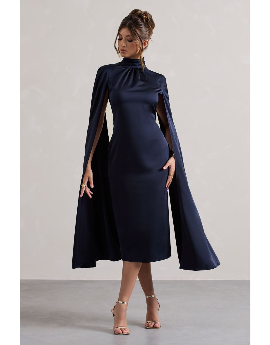 Brogan | Navy Satin High-Neck Midi Dress With Cape Sleeves