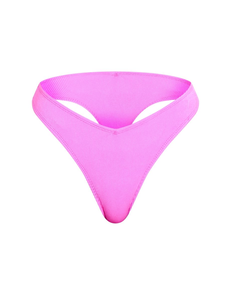 Hot Pink Ribbed V Front Thong Bikini Bottoms - 4