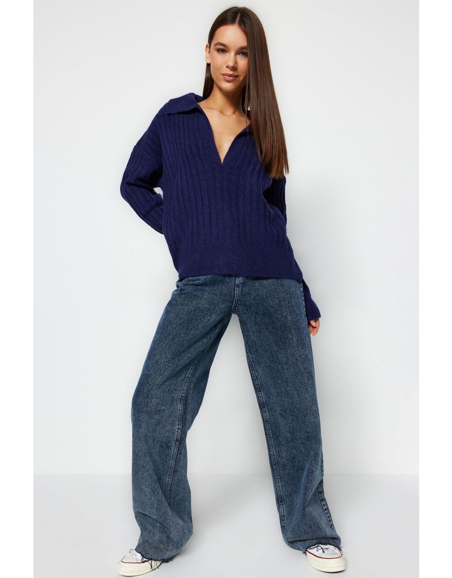 Navy Blue Soft Textured Polo Collar Knitwear Sweater