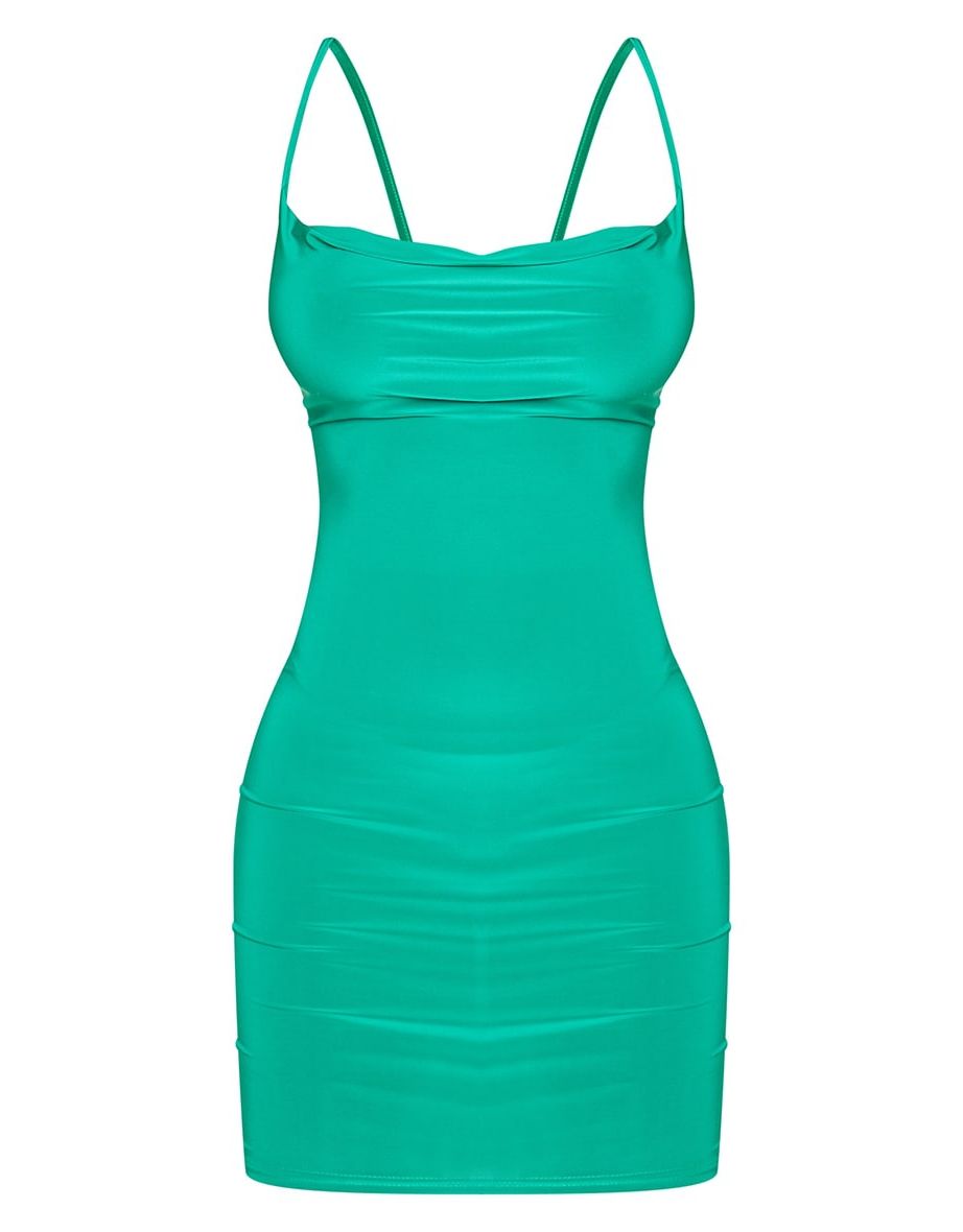 Petite Green Slinky Cowl Neck Dress - 4