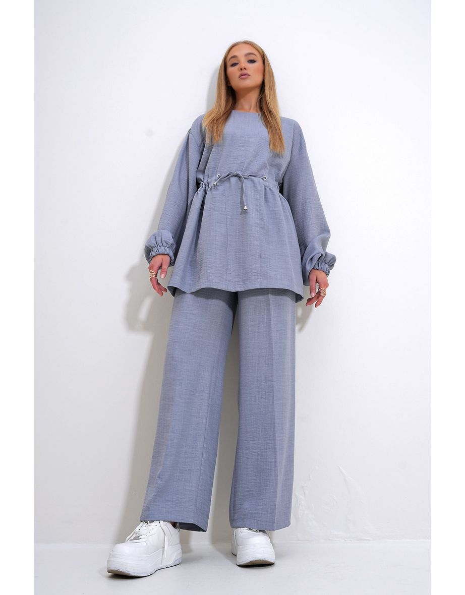 Women's Gray Crew Neck Self-Belt Palazzo Trousers Tunic Suit - 4