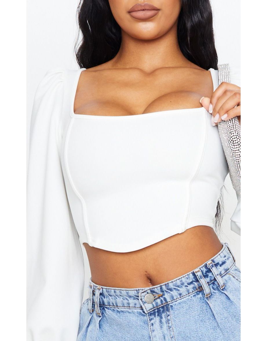 White Binding Balloon Sleeve Crop Top - 4