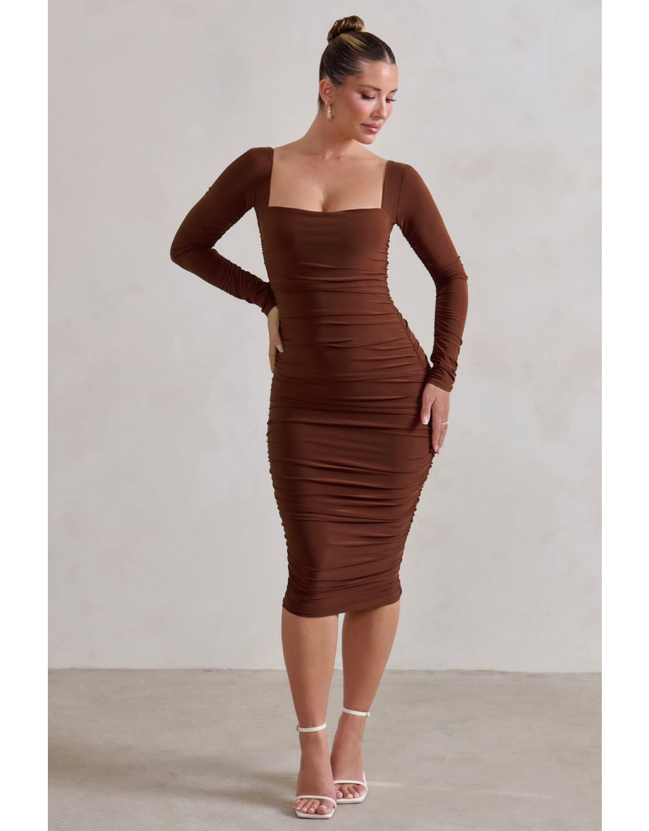 Seductress | Chocolate Long Sleeve Square Neck Ruched Midi Dress