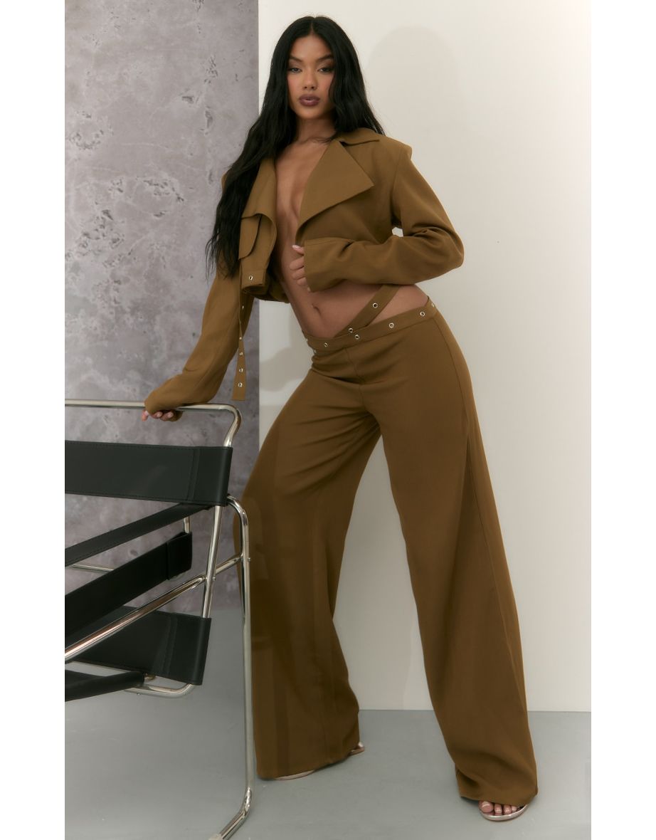 Olive Eyelet Detail Cut Out Waist Straight Leg Trousers