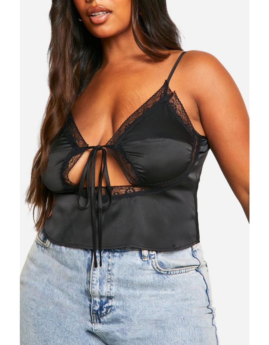 Plus Tie Front Satin Lace Cami Top - black - 3
