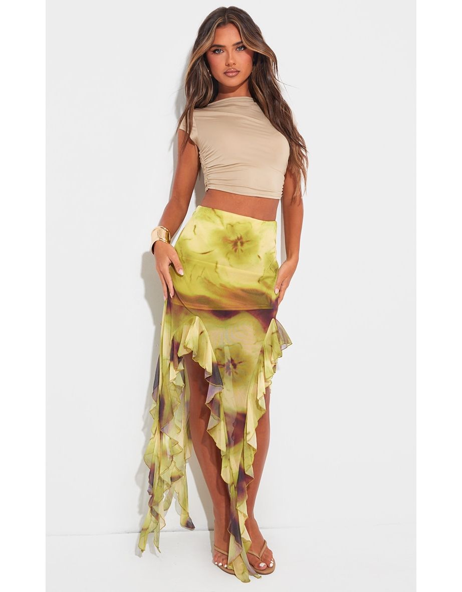 Green Blurred Floral Print Ruffle Hem Midi Skirt