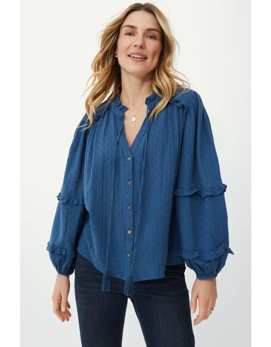 Frill Trim Moss Dot Top - denim