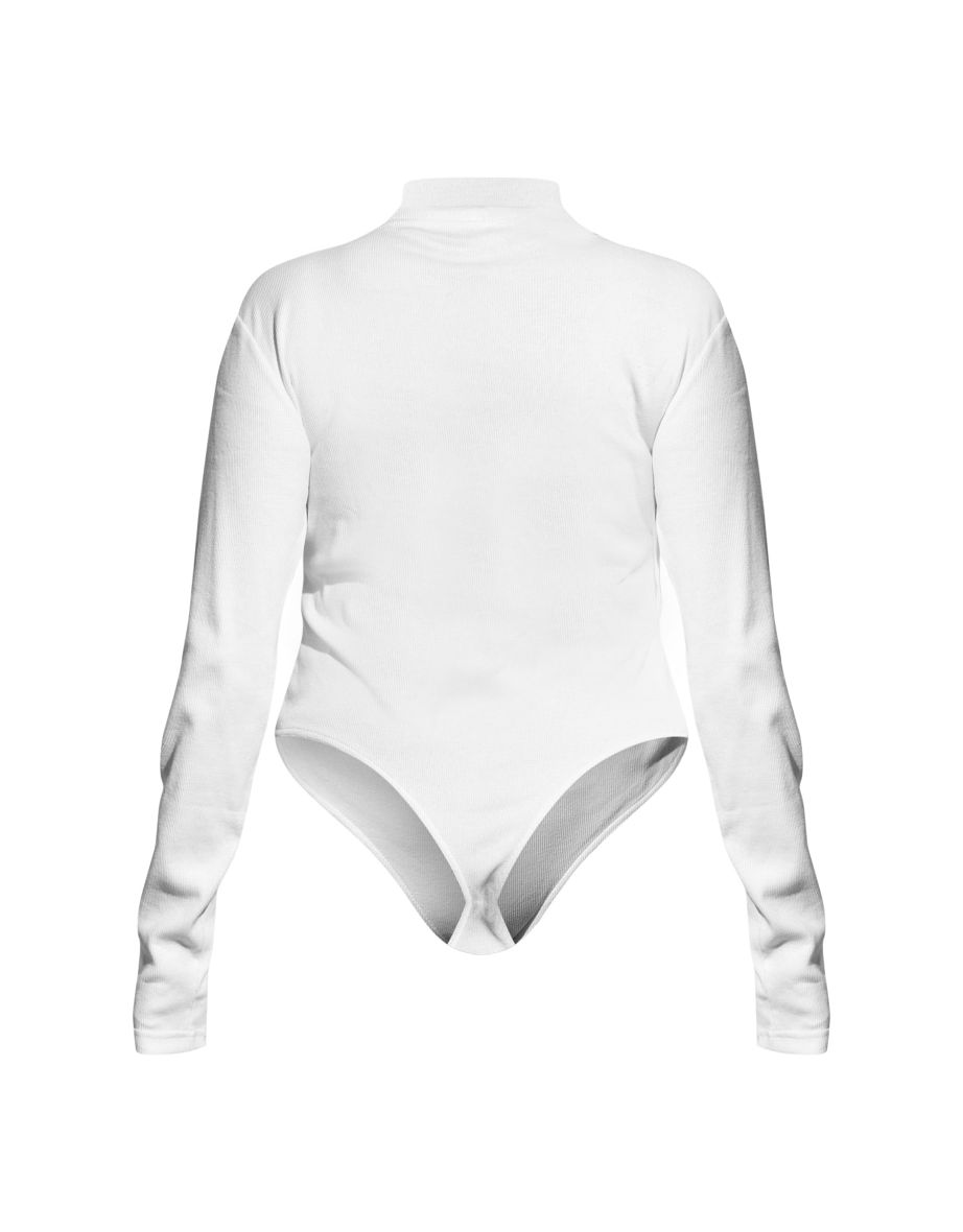 Plus White Basic Rib Long Sleeve High Neck Bodysuit - 5