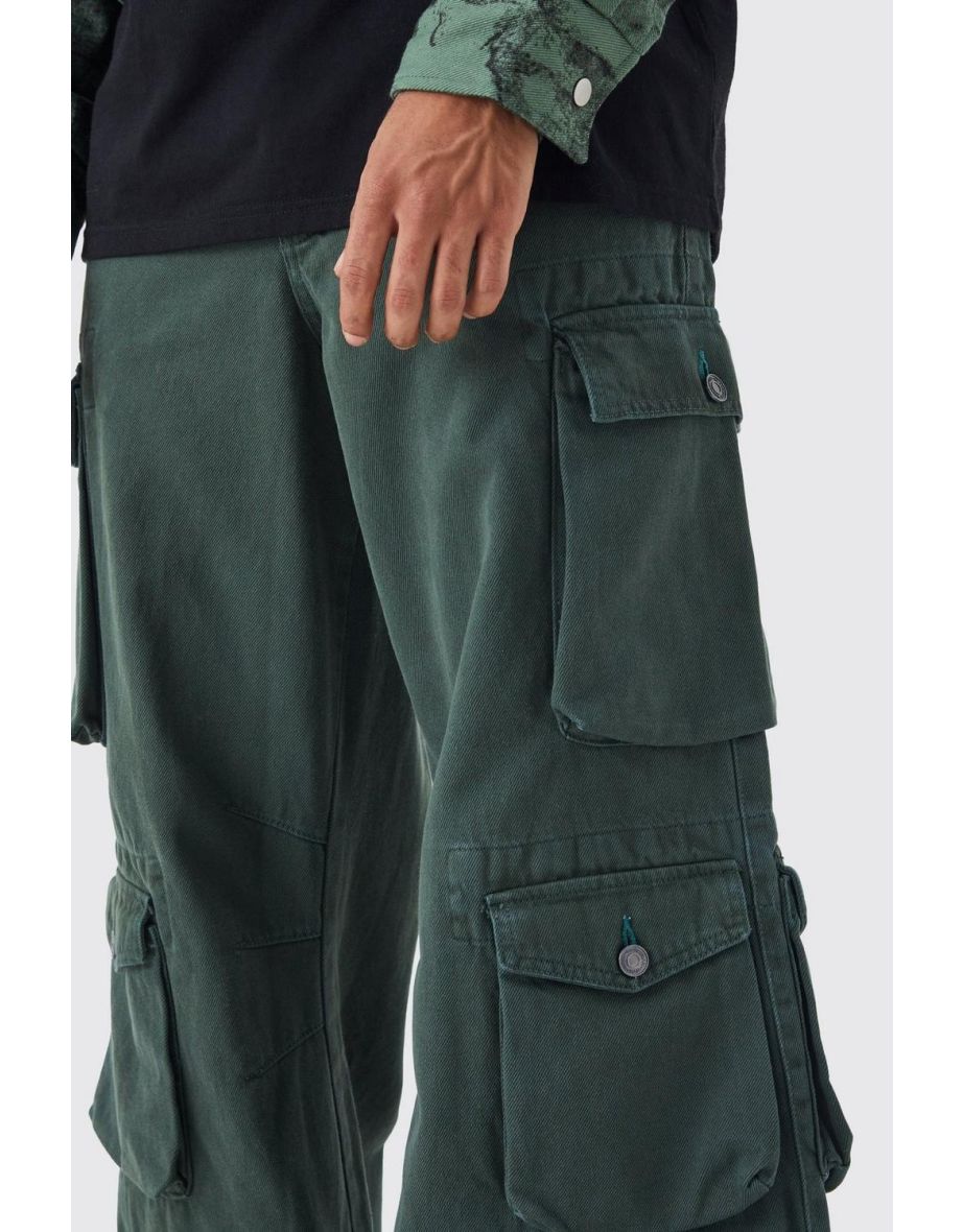 Extreme Baggy Rigid Multi Cargo Pocket Acid Wash Jean - khaki - 2