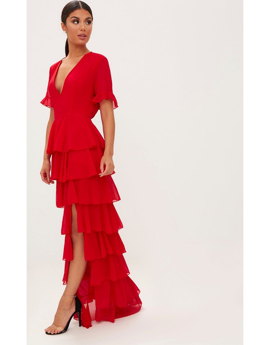 فستان ماكسي شيفون طبقات بكشكش - أحمر