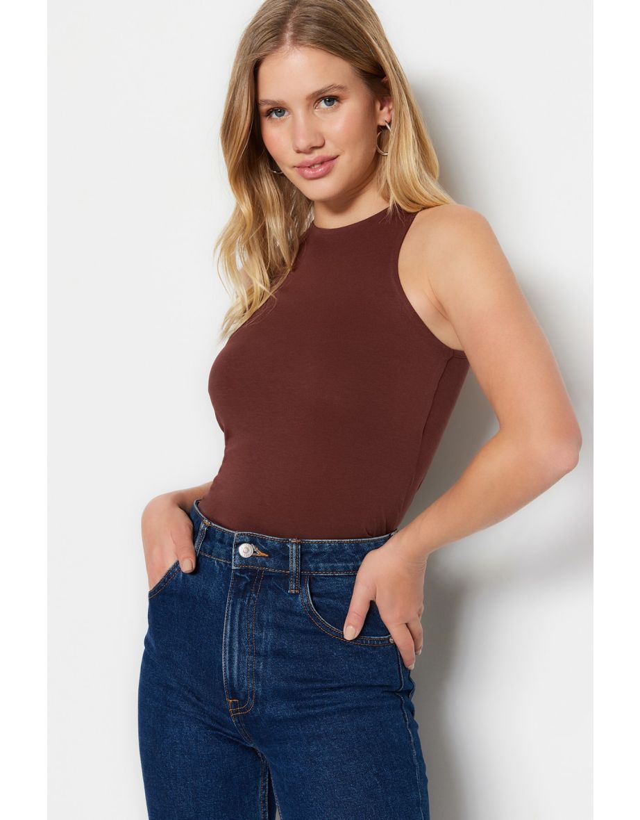Brown Cotton, Halterneck Fitted/Slip-On, Flexible Knit Single Singlet