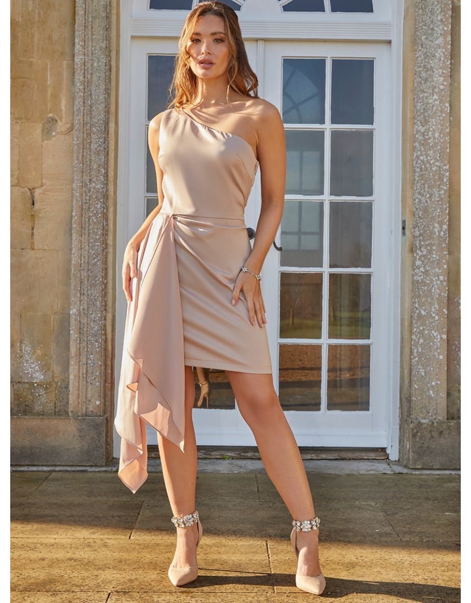 One Shoulder Satin Drape Mini Dress in Champagne