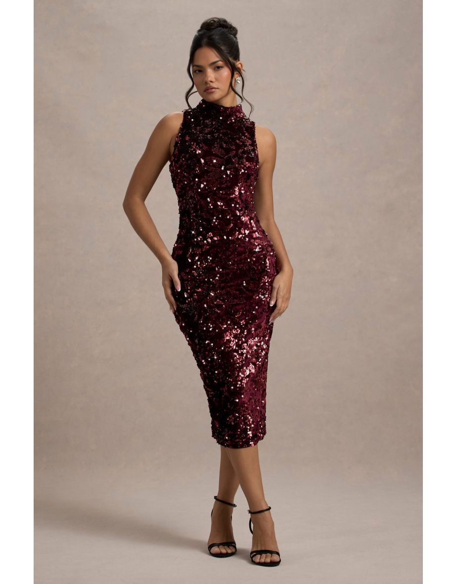 Hypnosis | Berry Sequin Sleeveless High-Neck Midi Dress