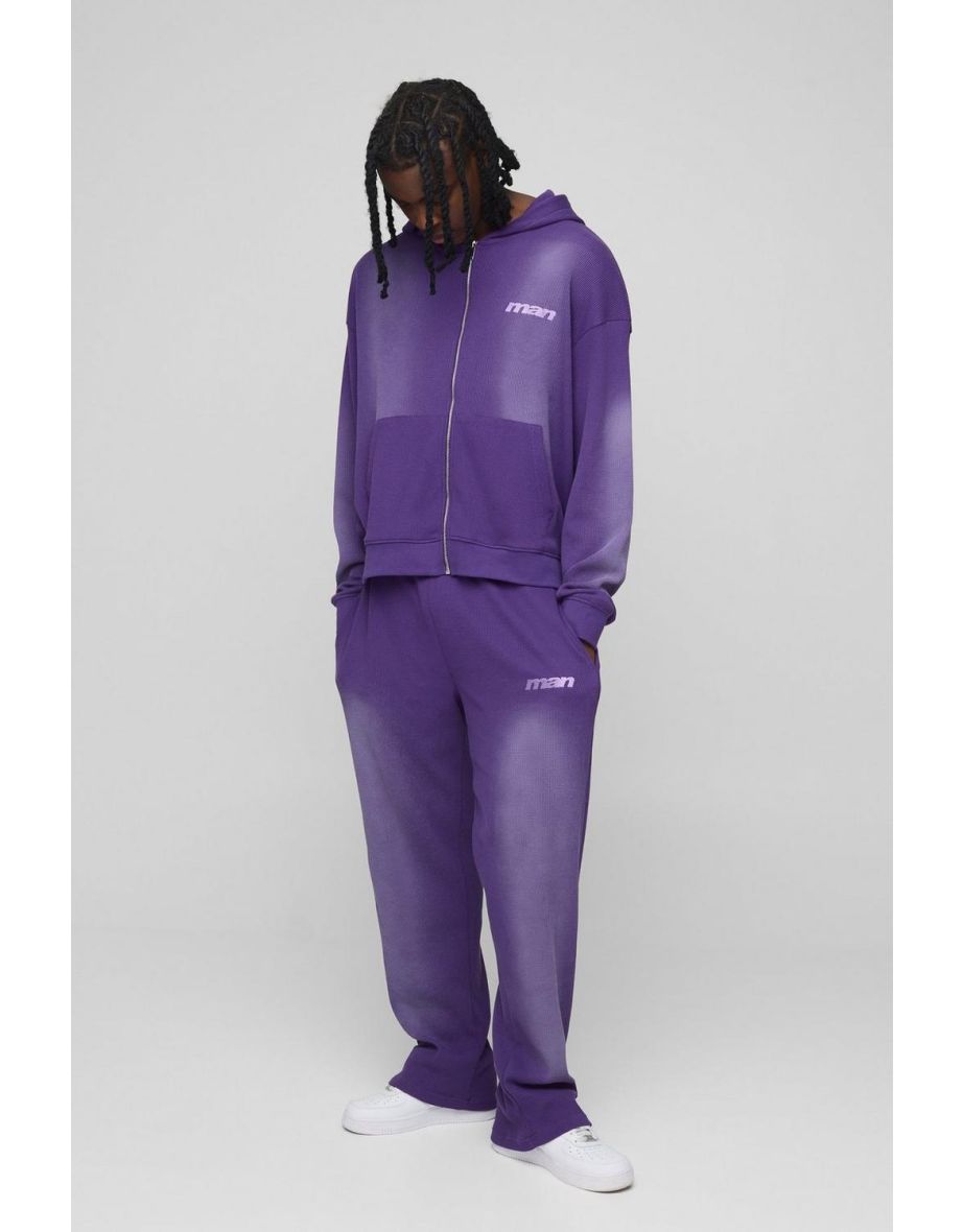 Oversized Boxy Man Washed Waffle Hooded Zip Tracksuit - purple