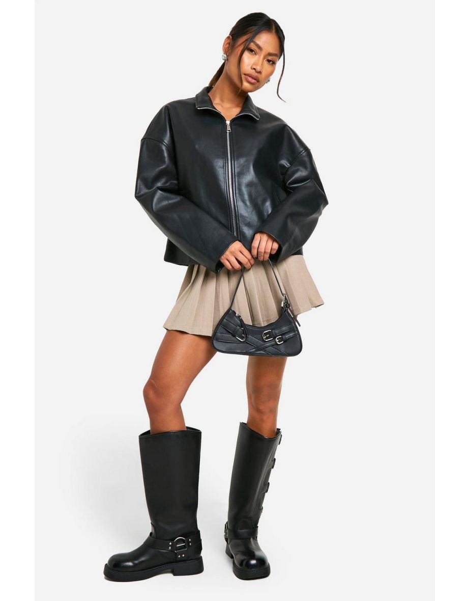 Funnel Neck Faux Leather Bomber Jacket - black