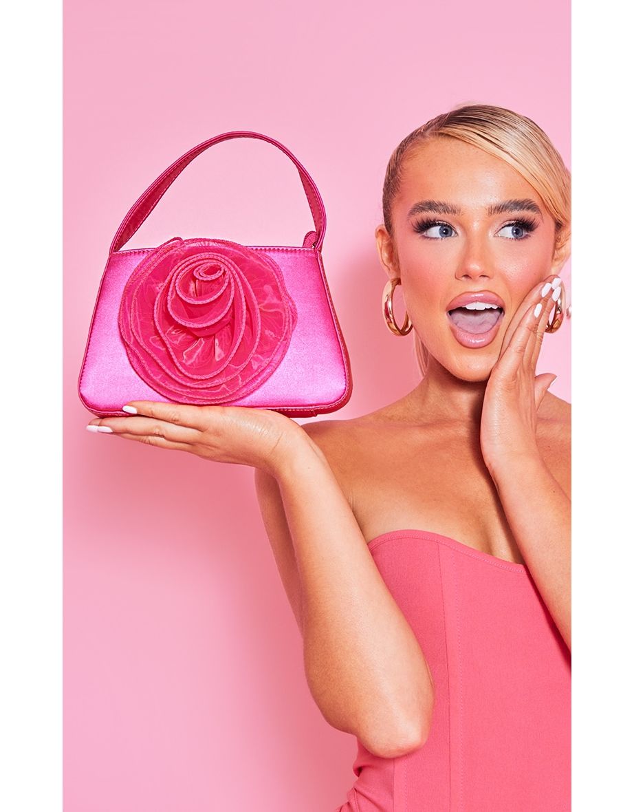 Hot Pink Satin Organza Corsage Hand Bag