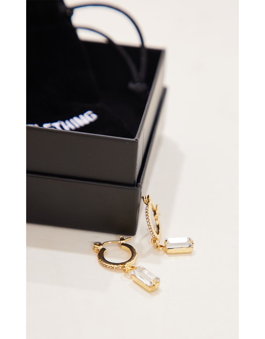 Real Gold Plated Paved Baguette Drop Hoop Earrings - 2