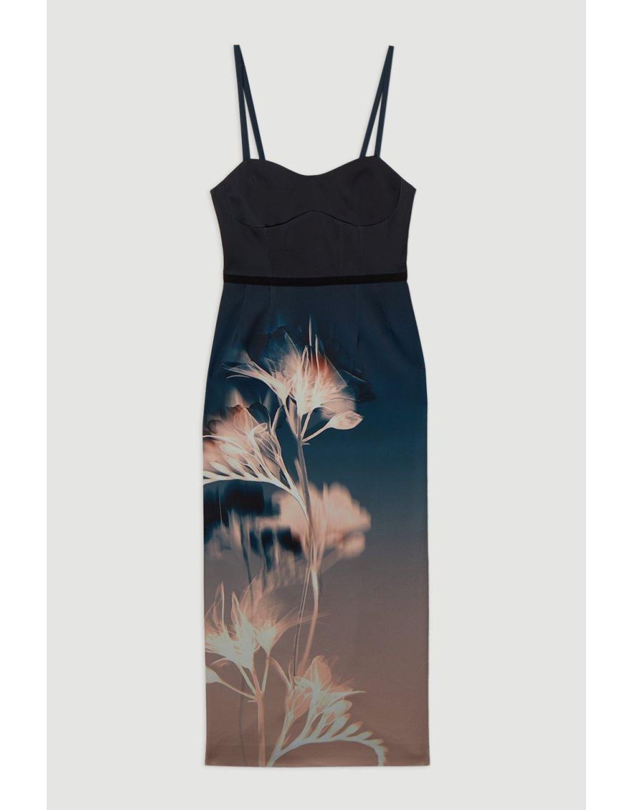Abstract Ombre Floral Italian Structured Satin Tailored Corset Midi Dress - 3