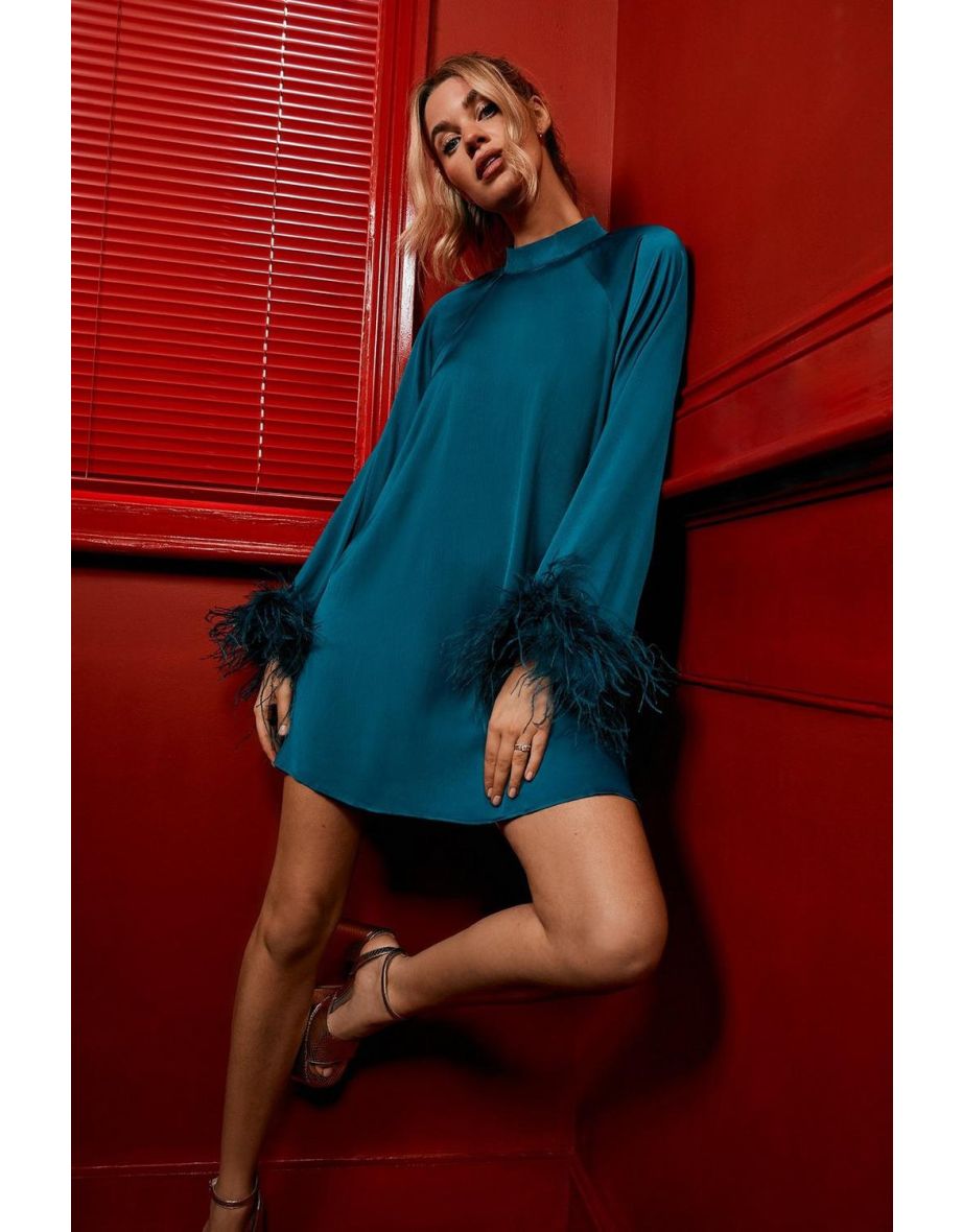 Premium Satin Feather High Neck Swing Mini Dress - 4