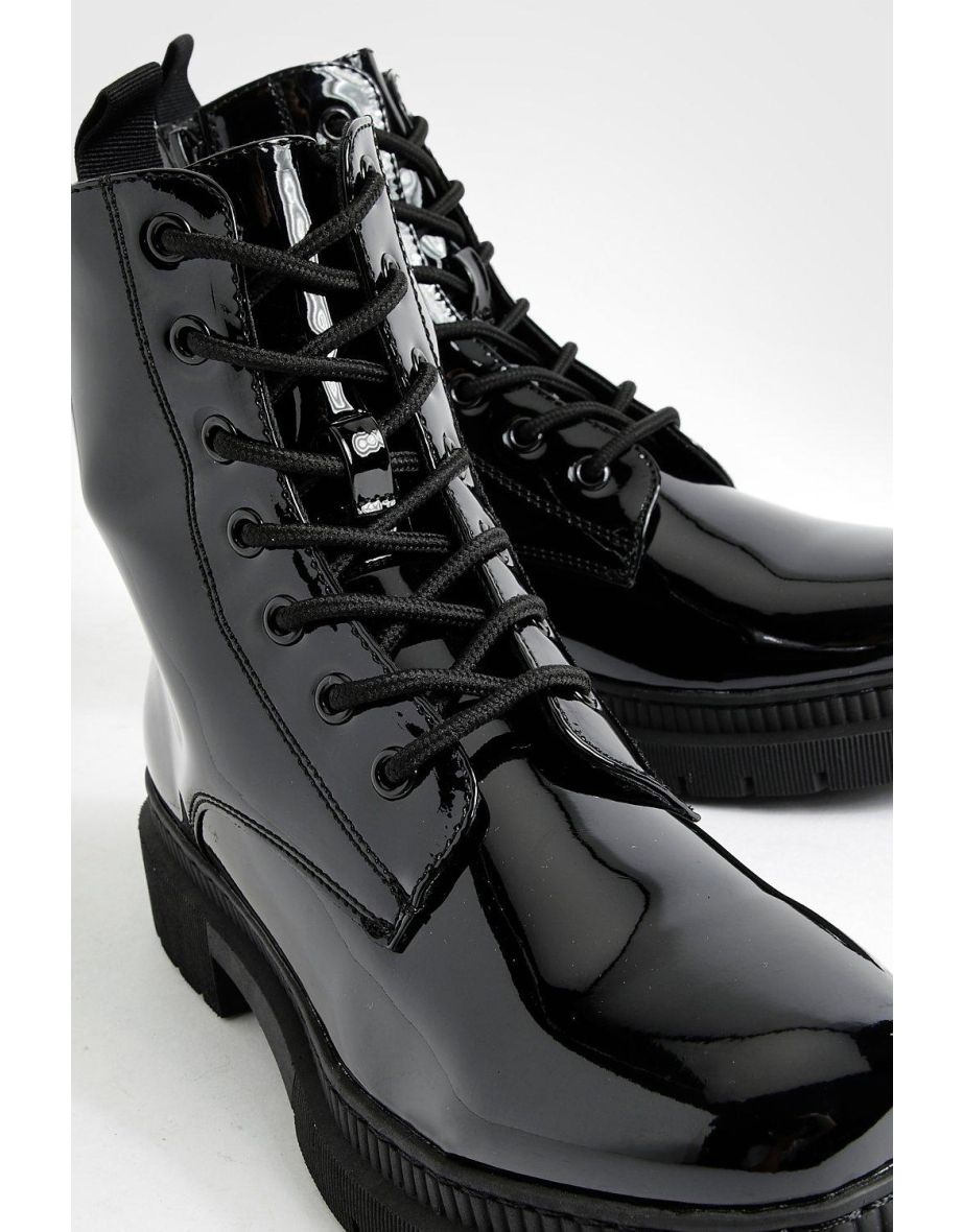 Basic Patent Lace Up Hiker Boots - black - 3