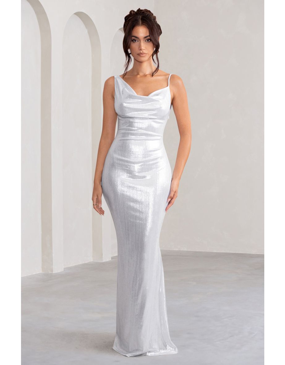 Galaxy Shimmer | Silver Bias Cut Cowl Front Maxi Dress