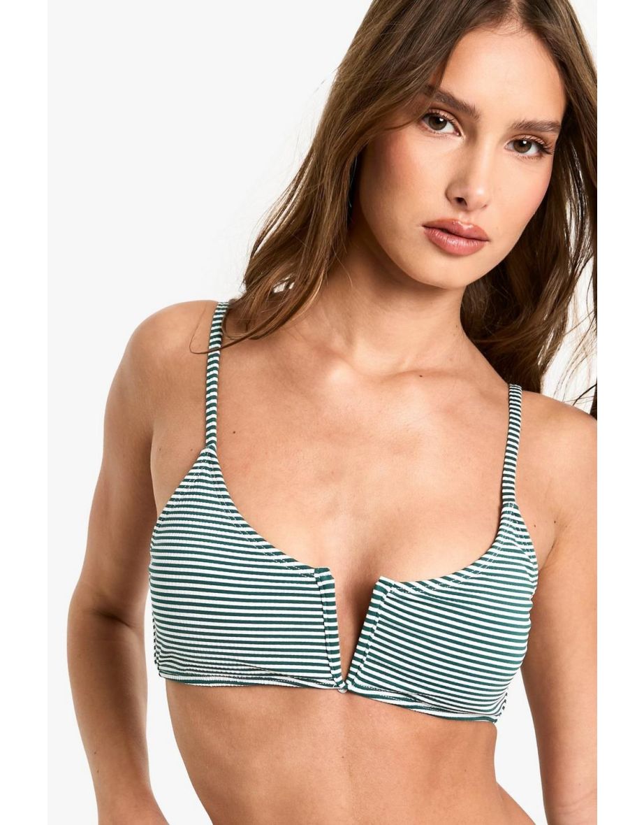 Seersucker Stripe V Front Bikini Set - green - 3