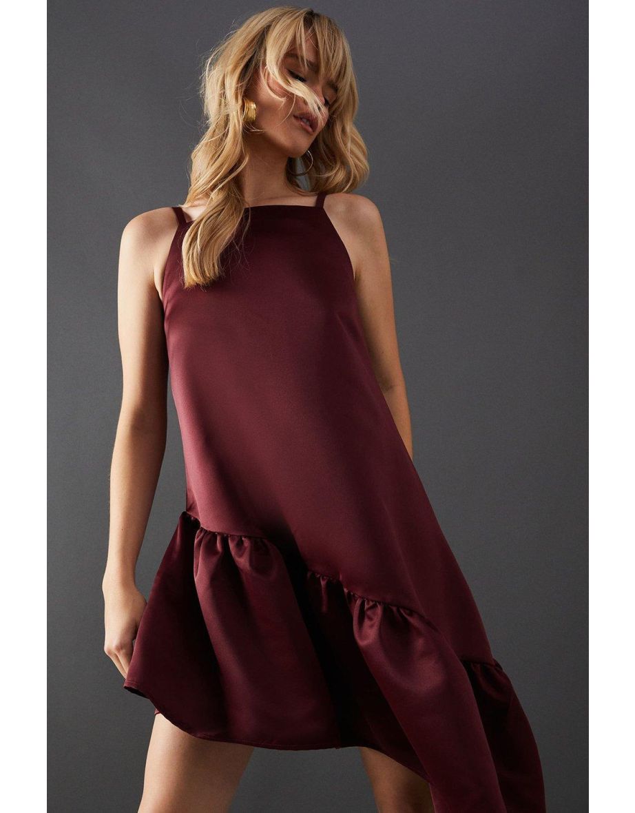 Satin High Neck Asymmetric Smock Dress