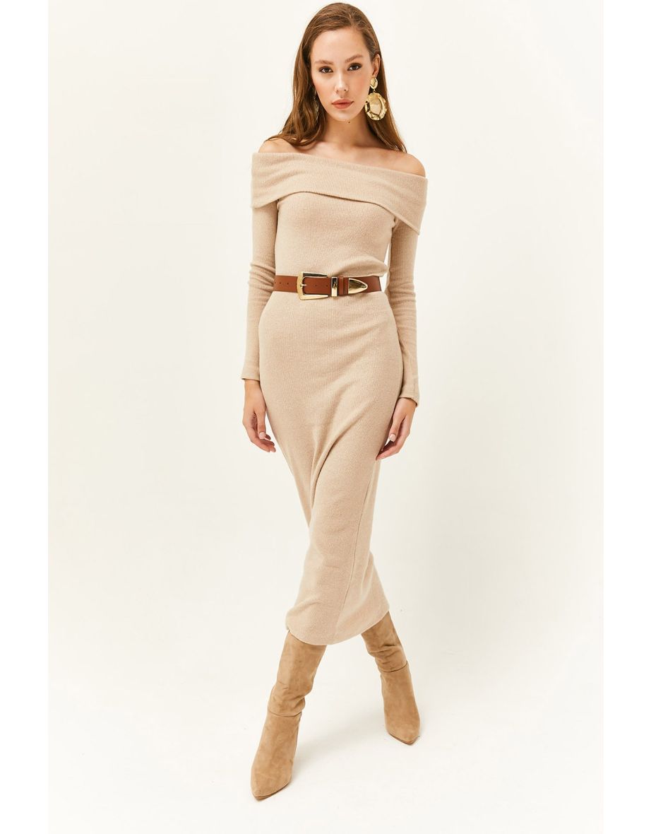 Women's Stone Madonna Collar Lycra Long Dress