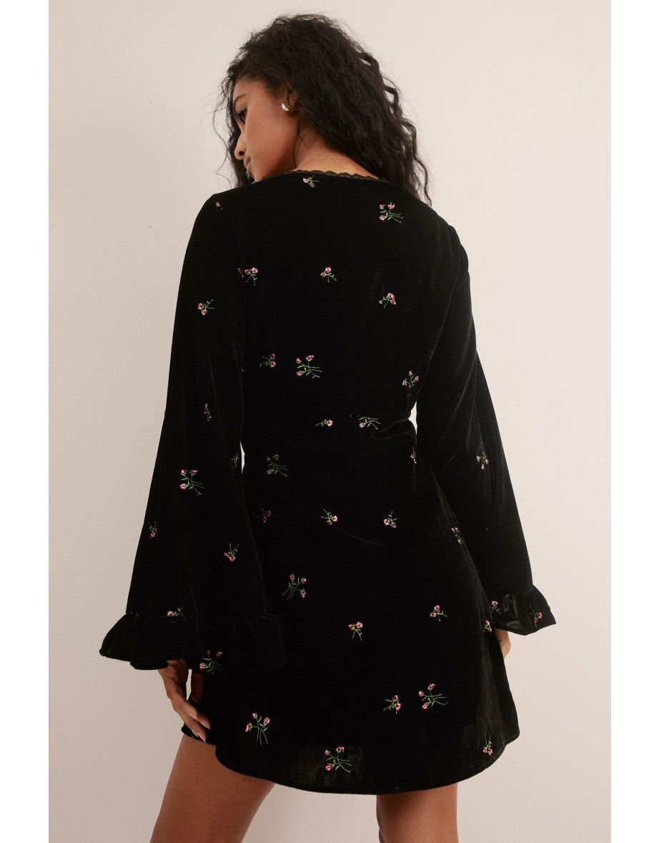 Velvet Floral Embroidered Ruffle Lace Trim Mini Dress - 3