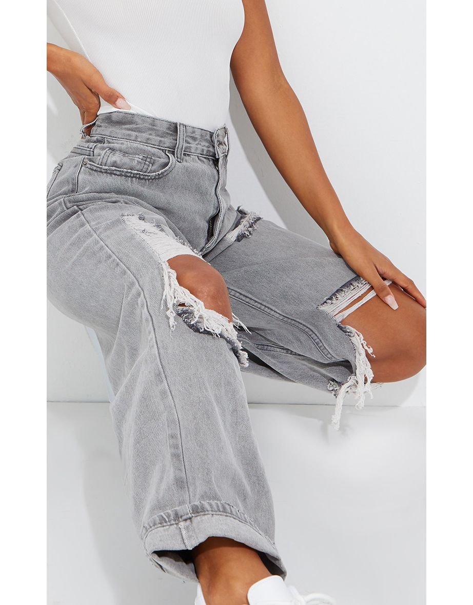 PRETTYLITTLETHING Washed Grey Open Knee Distressed Turn Up Boyfriend Jeans - 3