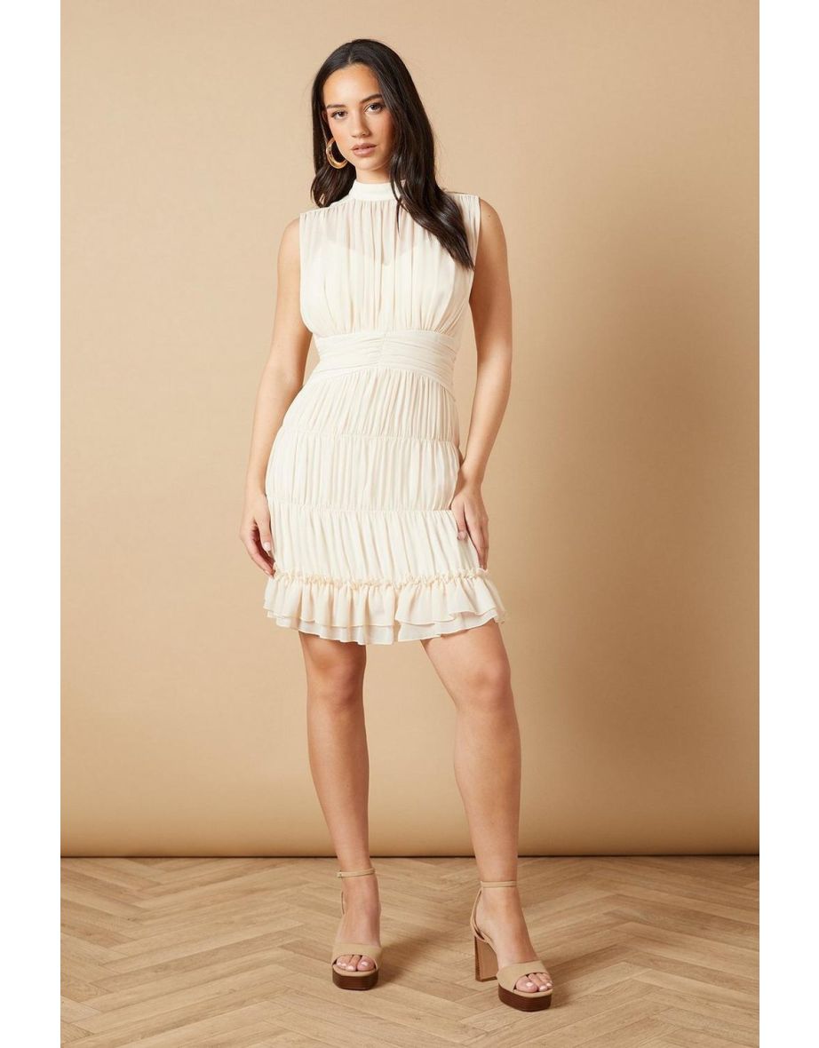 Ruched Waist High Neck Sleeveless Mini Dress