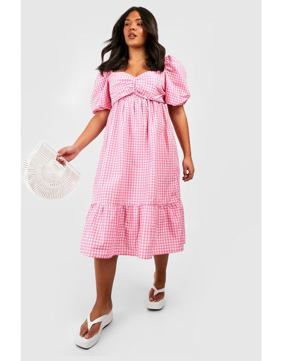 Plus Daisy Embroidered Gingham Midi Dress - pink
