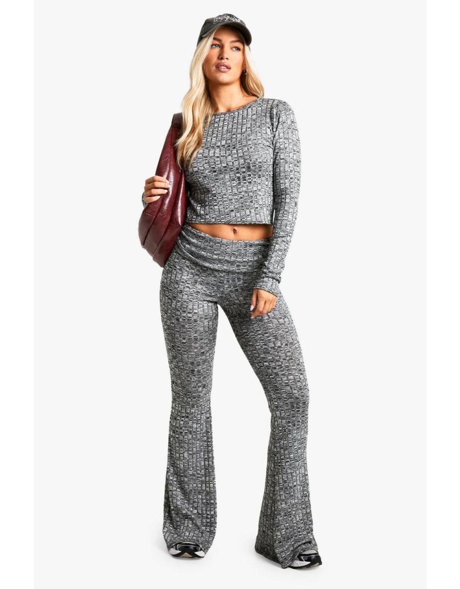 Marl Rib Long sleeve crop top and flare trouser set